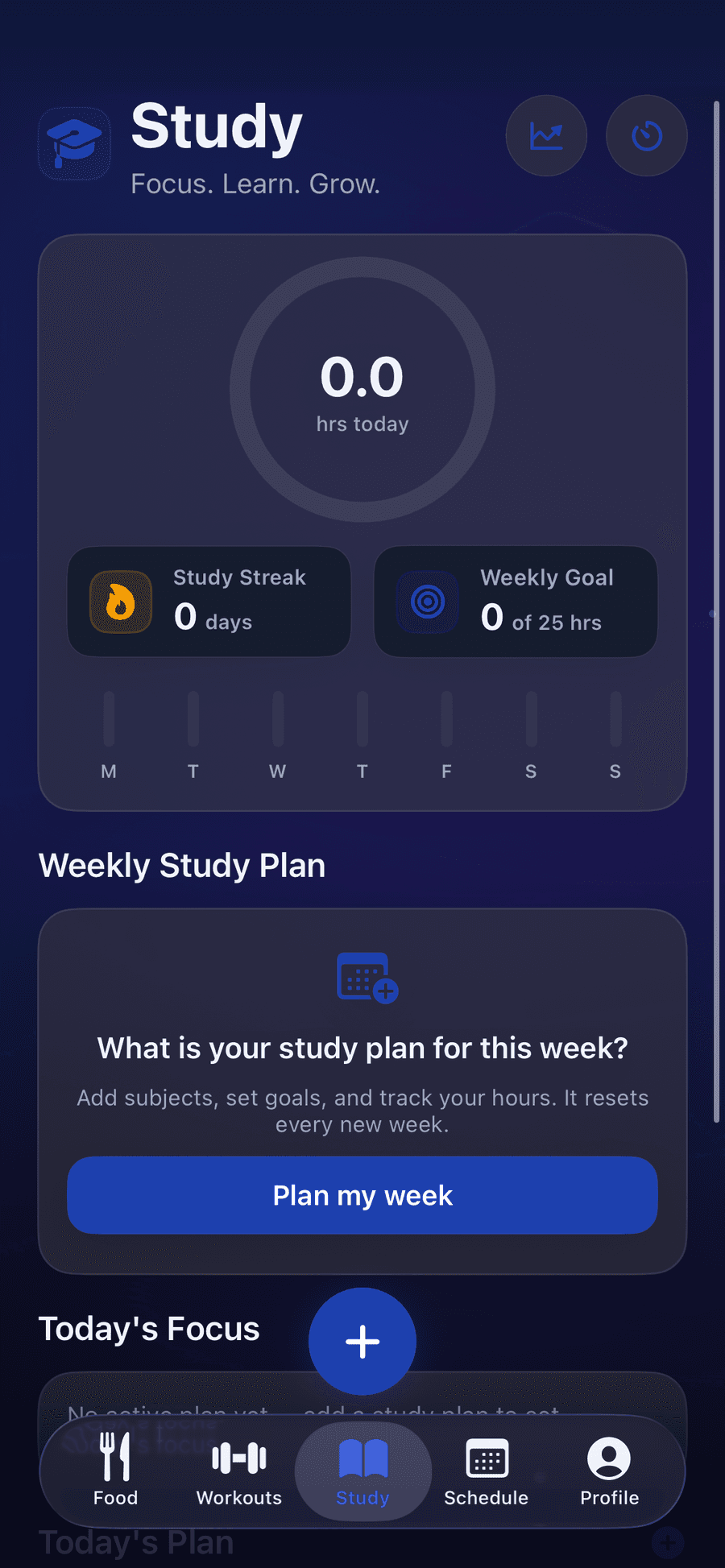 StudentFit Study screen with a focus timer, study streak and weekly study plan.