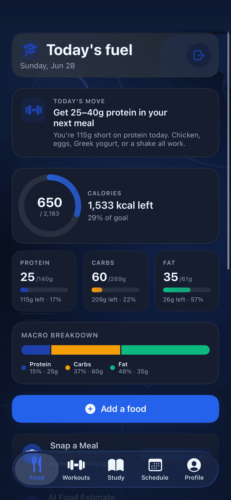 StudentFit Today's Fuel screen with a calorie ring and protein, carbs and fat cards.